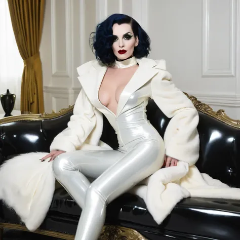 Very sexy naked. Cruella de Ville. In a shiny latex. He is sitting on a luxurious sofa