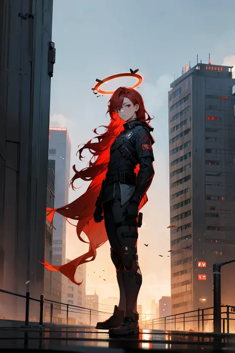 1male , Wavy Red Hair , Black Eyes , Angel Halo , Combat Clothing , Standing on sidewalk , Modern city background 