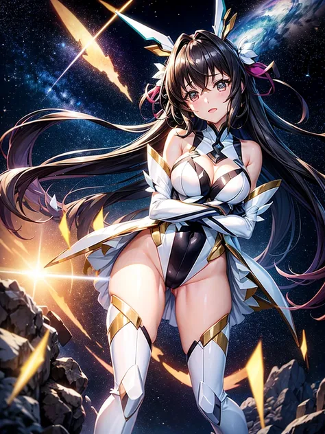 Highest quality,Highest Resolution,A beautiful girl in a metallic high-leg outfit, like Tsubasa Kazanari from Symphogear,Earth Behind,universe,Milky Way,Black Hair,