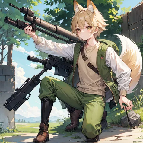 Young boy with fox ears and tail, with a beige sweatshirt, military green pants, a brown adventurers vest and military boots, he is clever and brave, he carries a laser gun