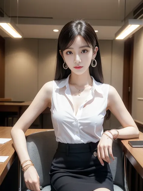 (((Practical photography))),, portrait,Upper body, Korean，(Mature:1.3),, 1 girl，beautiful girl, arrogant,Sit in a large class chair , (necklace，earrings，bracelet:1.1), Sleeveless shirt，Button-down shirt and hip skirt,mini skirt , (cleveage:0.3),, In the CE...