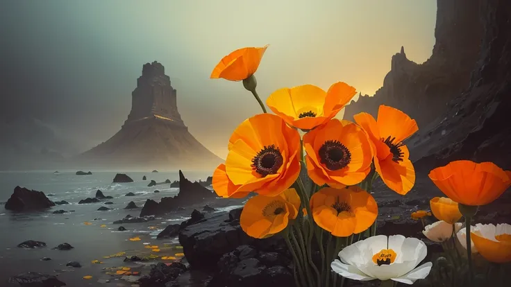 32k, Masterpiece, Highest quality, One girl, Detailed eyes, flower,Iceland Poppy, Orange and yellow style,A dreamy, romantic piece,Pale yellow, Mysterious Leaves,A playful arrangement,Fantasy,High Contrast,Ink strokes,explosion,Exposure, Impression of oran...