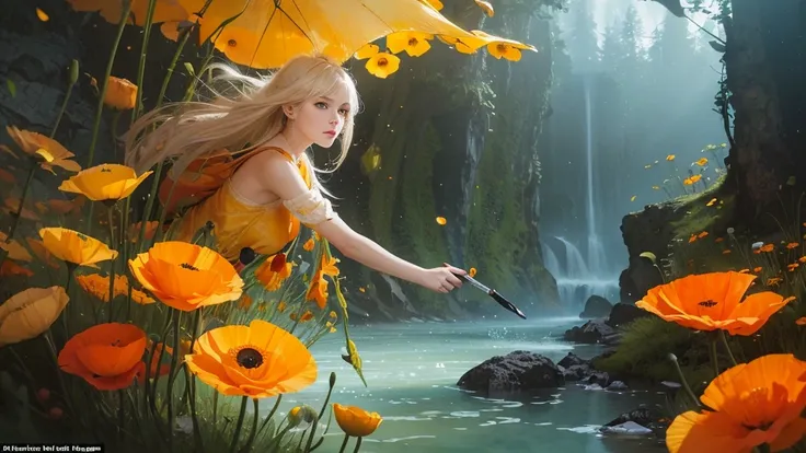 32k, Masterpiece, Highest quality, One girl, Detailed eyes, flower,Iceland Poppy, Orange and yellow style,A dreamy, romantic piece,Pale yellow, Mysterious Leaves,A playful arrangement,Fantasy,High Contrast,Ink strokes,explosion,Exposure, Impression of oran...