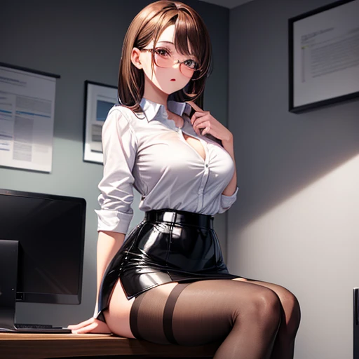 secretary, very short black miniskirt, Tight-fitting white shirt, Button unbuttoned, black patent leather pumps, String, stockings, At work, Brown eyes, Brown Hair, sweating, She&#39;s wet between her legs, Wet with sweat, Sweat on the face, Body sweating,...