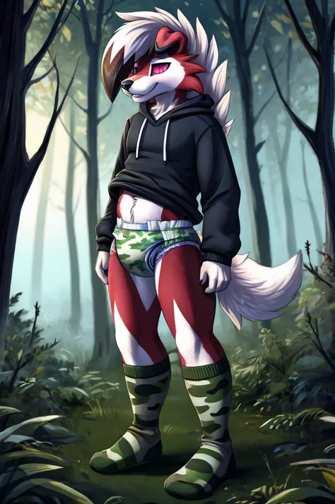 A Midnight lycanroc femboy wearing a camouflage sweatshirt and diaper and white socks while in a dark magical forest 