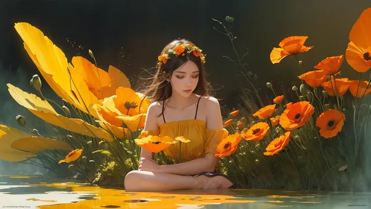 32k, Masterpiece, Highest quality, One girl, Detailed eyes, flower,Iceland Poppy, Orange and yellow style,A dreamy, romantic piece,Pale yellow, Mysterious Leaves,A playful arrangement,Fantasy,High Contrast,Ink strokes,explosion,Exposure, Impression of oran...