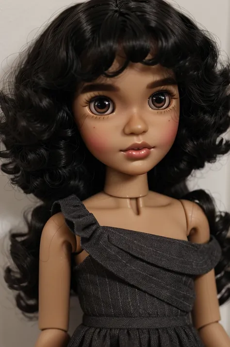 blythe doll with pretty dark skin black hair parted in the middle with defined curls and shoulder length dark brown eyes 