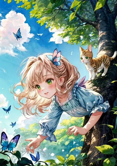 Fashionable watercolor, picture book composition, little cat Mimi and little dog Doudou playing in the forest, Mimi leaping on tree branches, Doudou chasing butterflies on the ground, background of green forest and blue sky with white clouds, perfect compo...