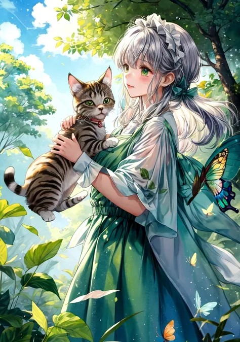 Fashion Watercolor，Picture book composition，Kitty Mimi and puppy Doudou playing in the forest，Kitten jumping on a branch，The puppy Doudou is chasing butterflies on the ground，The background is green forest and blue sky with white clouds，Perfect composition...