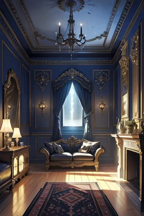 Interior, victorian Manor with reliquies, (((Nigth))), (((moonligth enters the living room)))