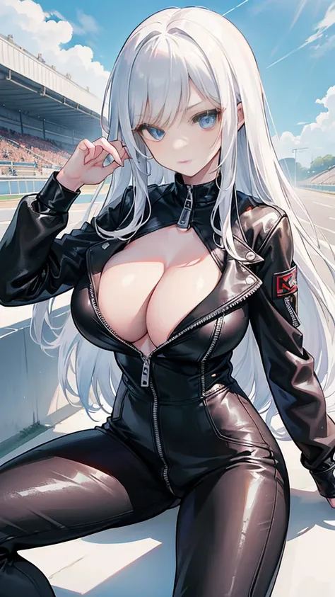 beautiful girl，(Racing girl)，Leather jumpsuit，(黑色Leather jumpsuit)，Leather Clothes，White long hair，(White hair)，(Bangs)，Zipper open，(Leather jacket zipped up)，((Cleavage))，Open your heart，(Shy expression)，Sit on a race car，Blue sky and white clouds，()，((Su...