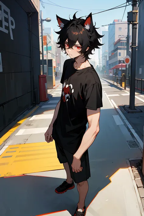 1male , Straight black hair , red Eyes , dog ears , Black t shirt , messy hair, Standing on sidewalk , Modern city background 