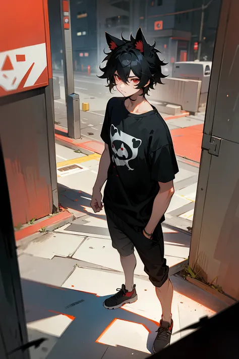 1male , Straight black hair , red Eyes , dog ears , Black t shirt , messy hair, Standing on sidewalk , Modern city background 