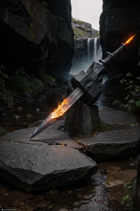 The legendary black fiery sword is stuck in the stone 