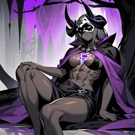 A woman with dark skin and long, pointed black nails. She wears a horse skull with bull horns as a mask, and a purple cape with gray and black adornments. The cape is like a cloak, covering the back and the right and left sides of the body. He also wears a...