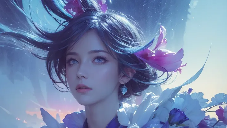 32k, Masterpiece, Highest quality, One girl, Detailed eyes, flower,gladiolus, Light blue and purple style,A dreamy, romantic piece,Pale yellow, Mysterious Leaves,A playful arrangement,Fantasy,High Contrast,Ink strokes,explosion,Exposure, Impression of ligh...