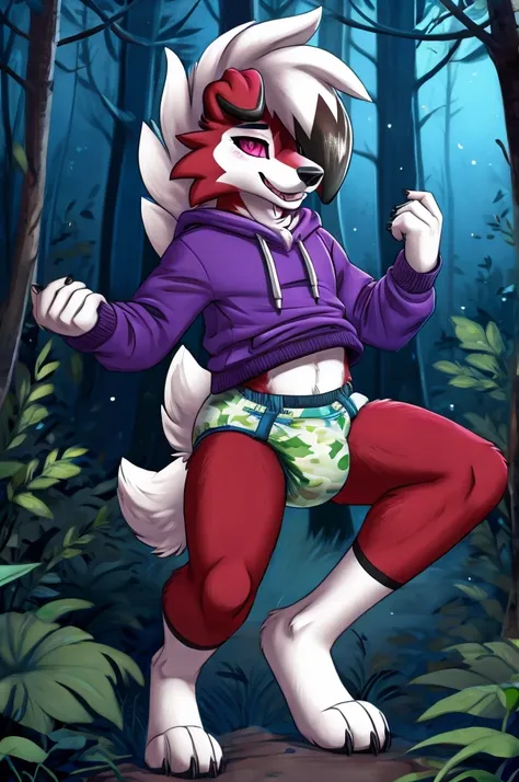 A Midnight lycanroc femboy wearing a camouflage sweatshirt and diaper and white socks while in a dark magical forest 