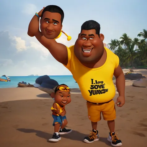 Disney Pixar 3D caricature, big head, Indonesian man, round face shape, fringe up, light brown skin color, fat, wearing a yellow project vest, white t-shirt with text ‘i love mabuk’, black shorts, wearing Air Jordan shoes, hands heart shape, droll face, be...