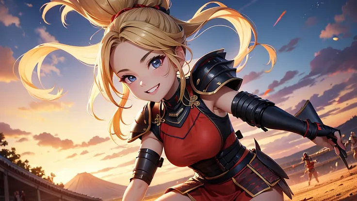 A beautiful female warrior is having fun playing baseball on a volcano。Sexy smile、Blonde ponytail、armor