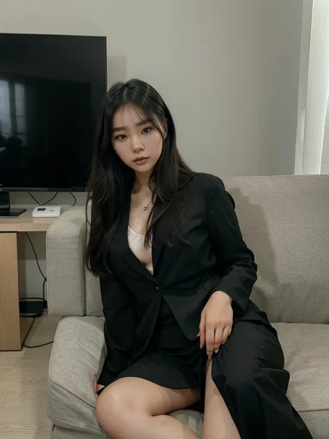 there is a woman sitting in a chair in a room, korean girl, sitting in a living room, gorgeous young korean woman, beautiful south korean woman, taken in 2 0 2 0, 8k)), Sakimichan, korean woman, beautiful lady, ulzzang, black suit, wearing black clothes, w...