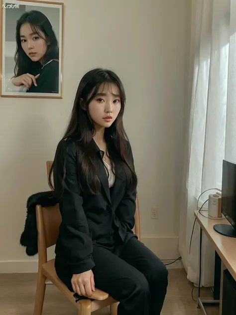 there is a woman sitting in a chair in a room, korean girl, sitting in a living room, gorgeous young korean woman, beautiful south korean woman, taken in 2 0 2 0, 8k)), Sakimichan, korean woman, beautiful lady, ulzzang, black suit, wearing black clothes, w...