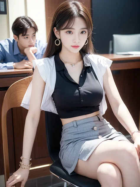 (((Practical photography))),, portrait,Upper body, Korean，(Mature:1.3),, 1 girl，beautiful girl, arrogant,Sit in a large class chair , (necklace，earrings，bracelet:1.1), Sleeveless shirt，Button-down shirt and hip skirt,mini skirt , (cleveage:0.3),, In the CE...