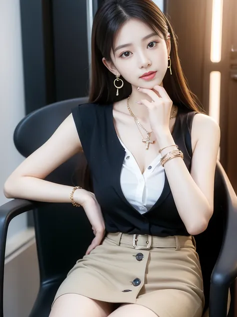 (((Practical photography))),, portrait,Upper body, Korean，(Mature:1.3),, 1 girl，beautiful girl, arrogant,Sit in a large class chair , (necklace，earrings，bracelet:1.1), Sleeveless shirt，Button-down shirt and hip skirt,mini skirt , (cleveage:0.3),, In the CE...