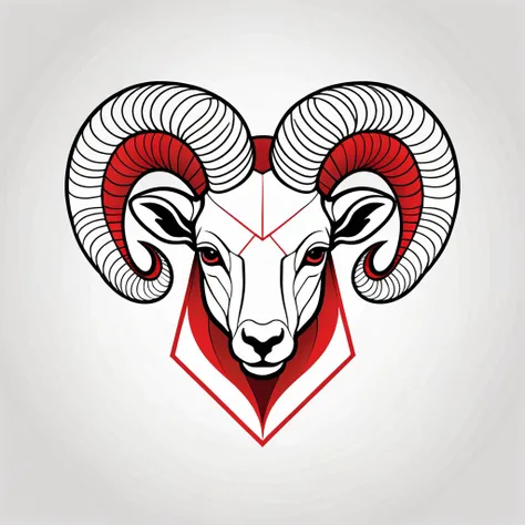 Sleek Aries ram head outline, modern geometric style, confident and streamlined, subtle gradient lighting, single continuous line art, fiery red and white color scheme, small left chest placement, clean vector look, minimalist zodiac fashion, T-shirt desig...