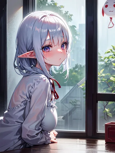 Heavy rain outside、A teru teru bozu is hanging outside the window,Inside the house, an elf girl is gazing out the window, half crying and pouting.