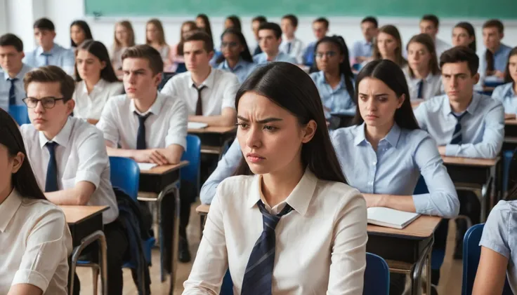 a lot of people，both men and women，frown，in the classroom