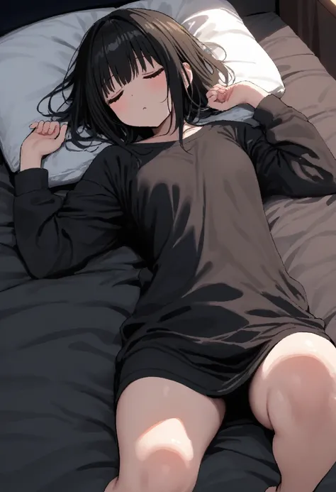 masterpiece, best quality, 1girl oekakizuki, on back, black shirt, sleeping, attractive, cute, a single streaming tear
