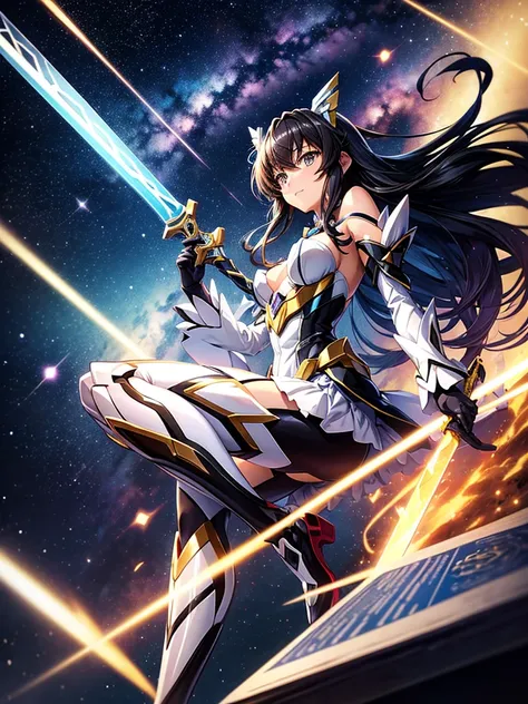 Highest quality,Highest Resolution,A beautiful girl in a metallic high-leg outfit, like Tsubasa Kazanari from Symphogear,Earth Behind,universe,Milky Way,Black Hair,Sword１I have a book,