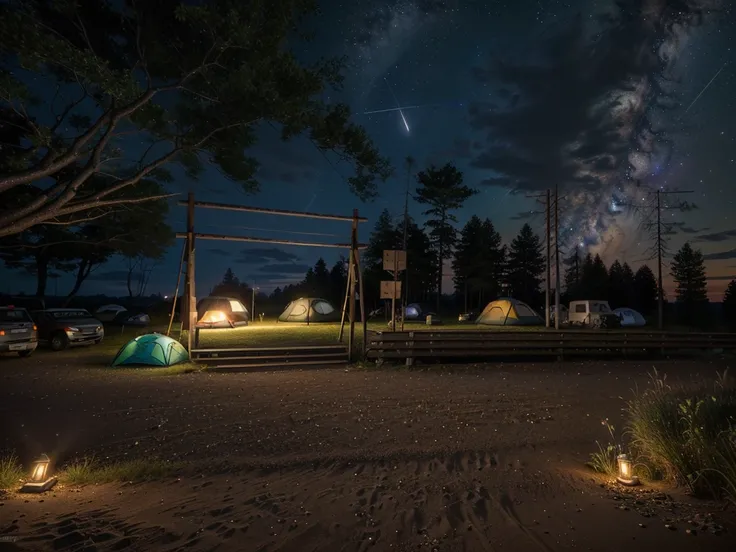 The sky is dotted with stars at night，Camping site in the woods, Night view, Cyberpunk style, Campsite at night, Wide field of view, real，masterpiece，High Detail，high resolution，8K