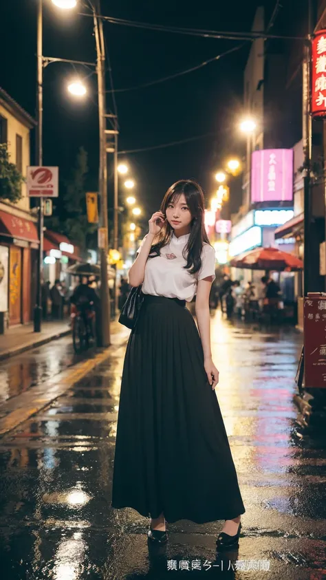 1 Girl,独自of,Long hair,Long skirt,湿of头发,黑暗of,Polaroid,(depth_of_site:1.5),rain,outdoor,street,,Mood lighting,Tyndall effect,light,night,lamp post,lens flare,Available light,Rim Light,发光of霓虹灯,Chinese_style,