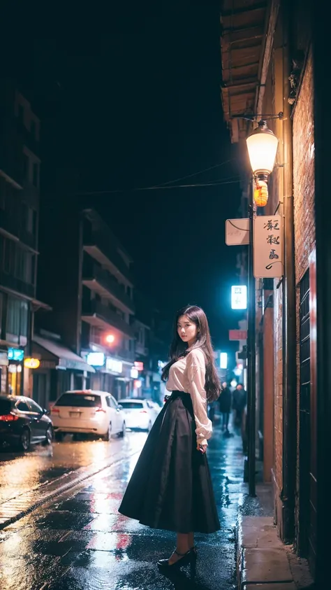 1 Girl,独自of,Long hair,Long skirt,湿of头发,黑暗of,Polaroid,(depth_of_site:1.5),rain,outdoor,street,,Mood lighting,Tyndall effect,light,night,lamp post,lens flare,Available light,Rim Light,发光of霓虹灯,Chinese_style,