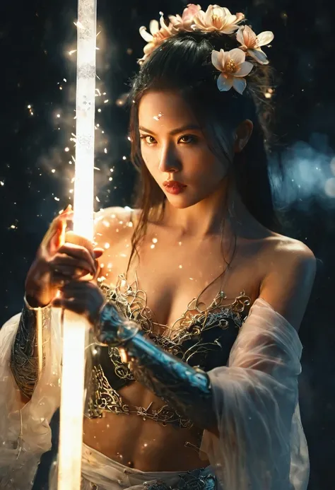 Female swordsman topless photography (Supermodel)，long hair, detailed face (Beautiful), beautiful eyes, atomic Correct,Raw, Lenses, (Clear focus:1.5), (Reality:1.4), Dusk lighting, Volumetric Lighting, Ultra-high resolution, 16K,Dramatic Lighting, White ba...