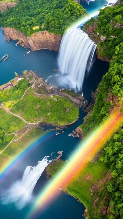 a vast waterfall, top-down view, rainbow arching over, stunning landscape, like a scene from a movie, 32k resolution, ultra-deta...