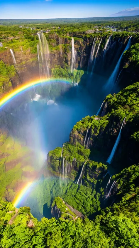 a vast waterfall, top-down view, rainbow arching over, stunning landscape, like a scene from a movie, 32k resolution, ultra-deta...