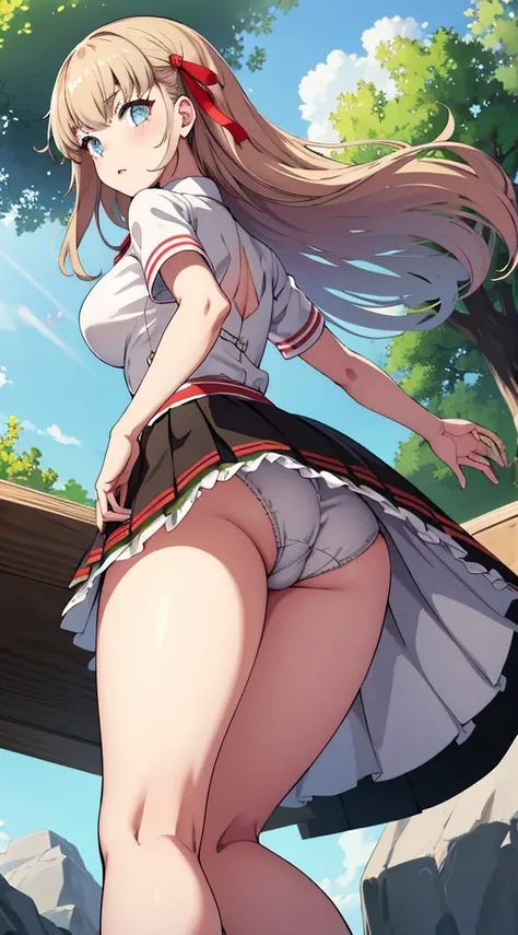 Without skirt、The skirt is flipped up、Without skirt、White underwear、In underwear、Panties in full view、White panties、 1, 1girl, asahina mikuru, long hair, kita high , solo,  short sleeves, red ribbon, large breasts, cowboy shot, waving, outdoors, Underwear ...