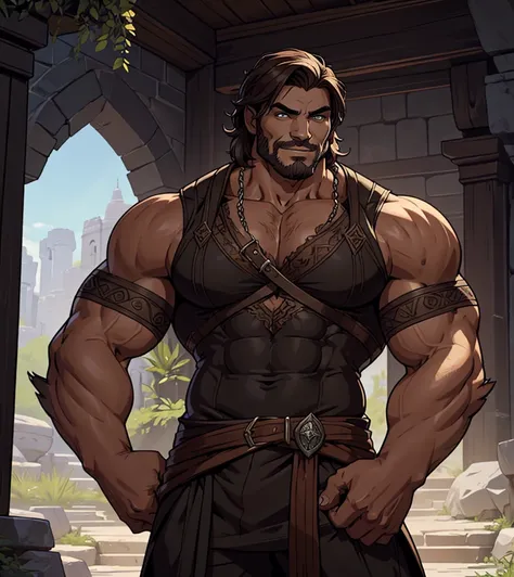 (((Solo character image.))) (((Generate a single character image.)))  Design an attractive, handsome and rugged male character for Dungeons & Dragons.  Well-defined body, chest, abs and muscular physique.  Shaggy dark hair and charming smirk.  Ideal physiq...