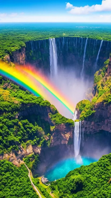 a breathtaking aerial view of a vast waterfall, with a vibrant rainbow arching across the mist. stunning, cinematic landscape, u...