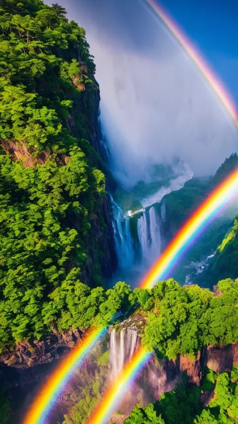 a breathtaking aerial view of a vast waterfall, with a vibrant rainbow arching across the mist. stunning, cinematic landscape, u...