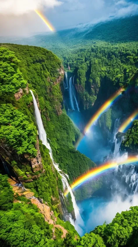 a breathtaking aerial view of a vast waterfall, with a vibrant rainbow arching across the mist. stunning, cinematic landscape, u...