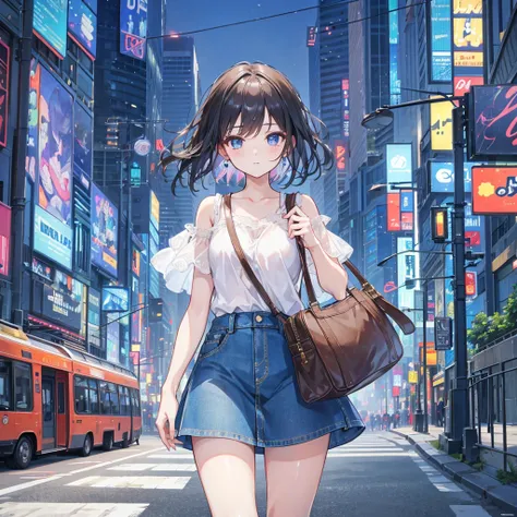 8K high quality，1 pretty girl，Short sleeve，Denim skirt，Shoulder bag，The background is the city at noon.，