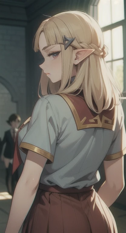 Sweating, Princess Zelda, Hyrule high school, schools uniform, students everywhere, looking at viewer annoyed, back view, SFW,