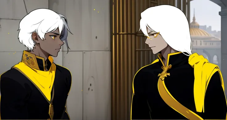 two demigods with white hair, yellow eyes, black tunic suits with yellow and golden jewelry are talking. 