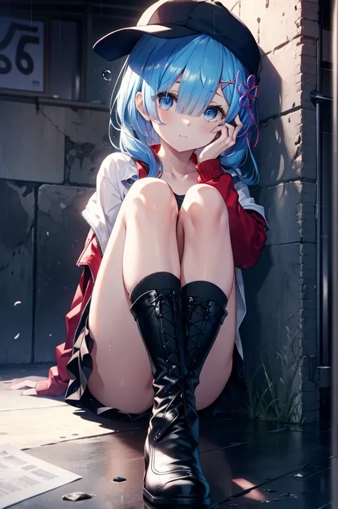 rezeroRem, Rem, blue eyes, Blue Hair, hair ornaments, Hair on one eye, hair ribbon, Long Hair, x hair ornaments,Baseball cap,Riders jacket　Open front,red v neck t shirt,mini skirt,Black knee socks,short boots,Sitting leaning against a wall,rain,Hiding unde...