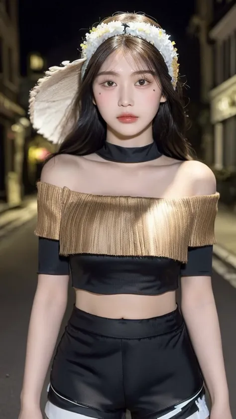 ((best quality, 8K, masterpiece: 1.3)), (Flower Hat: 1.3), Key Points: 1.2, Perfect body beauty: 1.4, Hips: 1.2, (Layered Hairstyle: 1.2)), (Dark Street: 1.3), Highly detailed face and skin textures, whole body, Exquisite eyes, Double eyelids, Skin Whiteni...