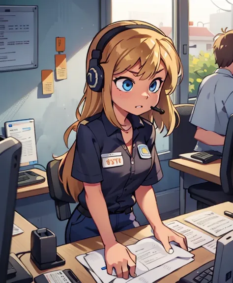 riley andersen, 1 girl, working in a call center, blonde, blue eyes,