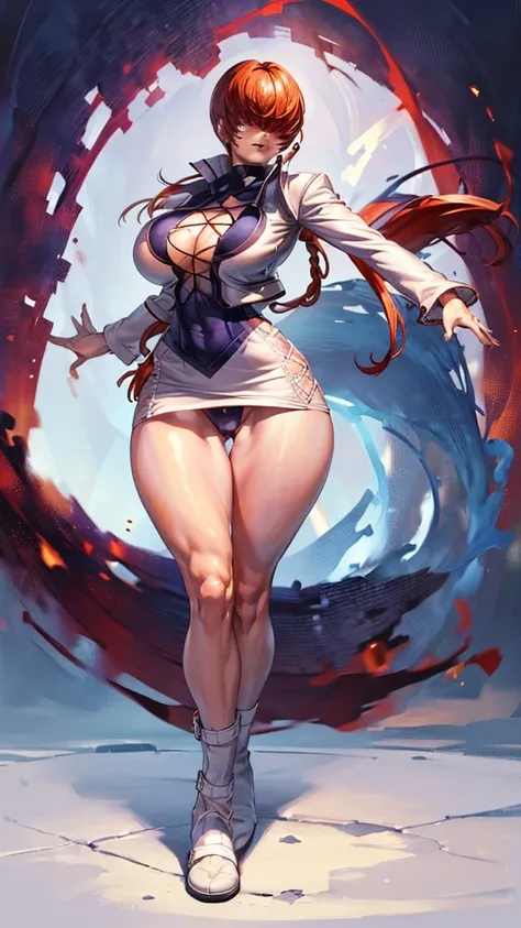 (masterpiece, highest quality, ultra high res, ultra detailed:1.3), 1 cute girl, ideal ratio body proportions, big breast, slender, full body, red long hair, low ponytail, (bangs covered both eyes completely, hair over both eyes:1.4), white tight leather m...